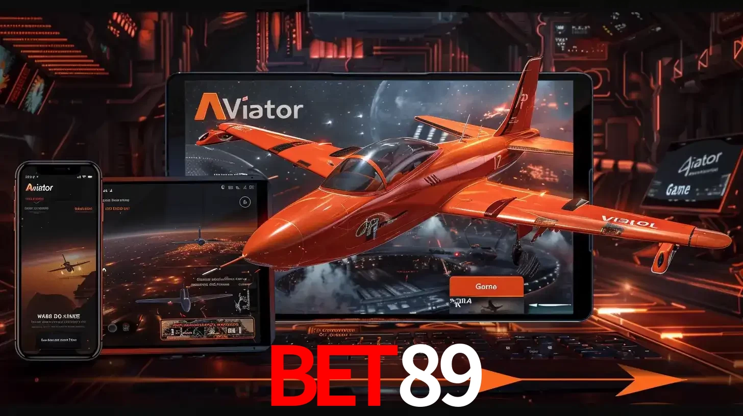 Apresentação tecnológica do jogo Aviator com um avião saindo da tela de um tablet, demonstrando a experiência imersiva em múltiplos dispositivos no BET89.