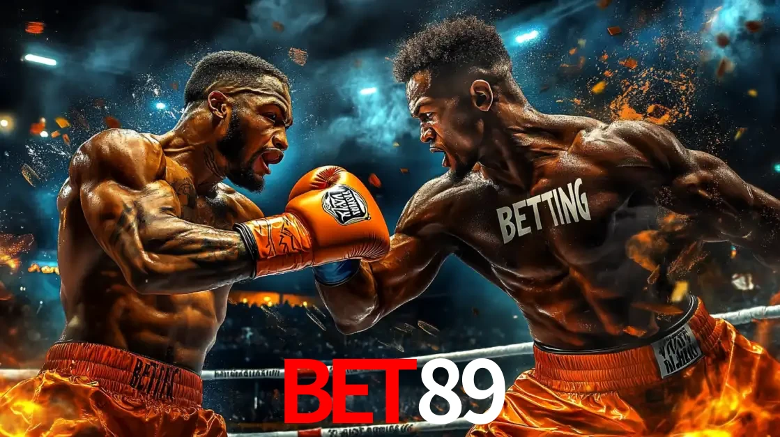 Dois boxeadores em uma luta intensa e explosiva, representando a adrenalina e as oportunidades de apostas em esportes de combate disponíveis na plataforma BET89.