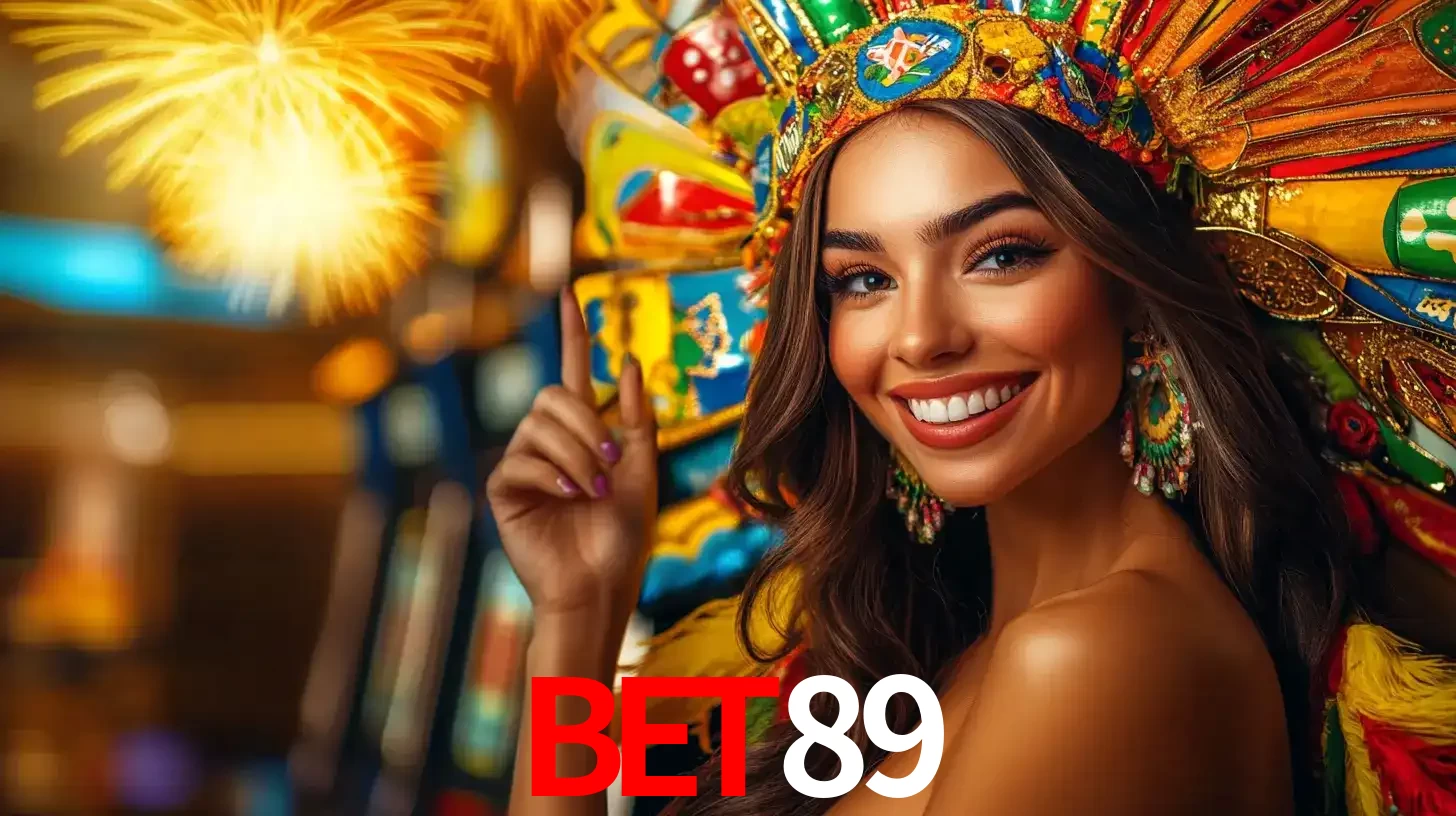 Mulher sorridente com um cocar de carnaval vibrante e colorido, celebrando uma grande vitória nos jogos do cassino BET89 com fogos de artifício ao fundo.