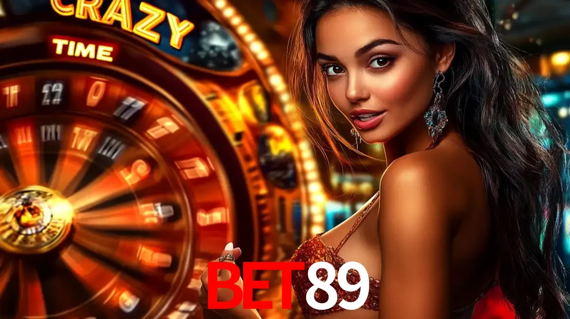 Mulher ao lado da roda de prêmios do jogo de cassino ao vivo Crazy Time, um dos shows de jogos mais emocionantes oferecidos pela plataforma de apostas BET89.