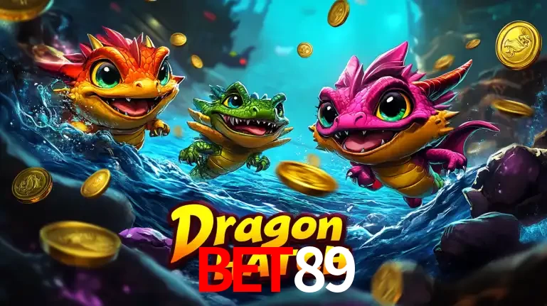 Arte promocional do jogo Dragon Hatch com três adoráveis dragões bebês nadando entre moedas de ouro, um dos slots mais divertidos para jogar no cassino BET89.
