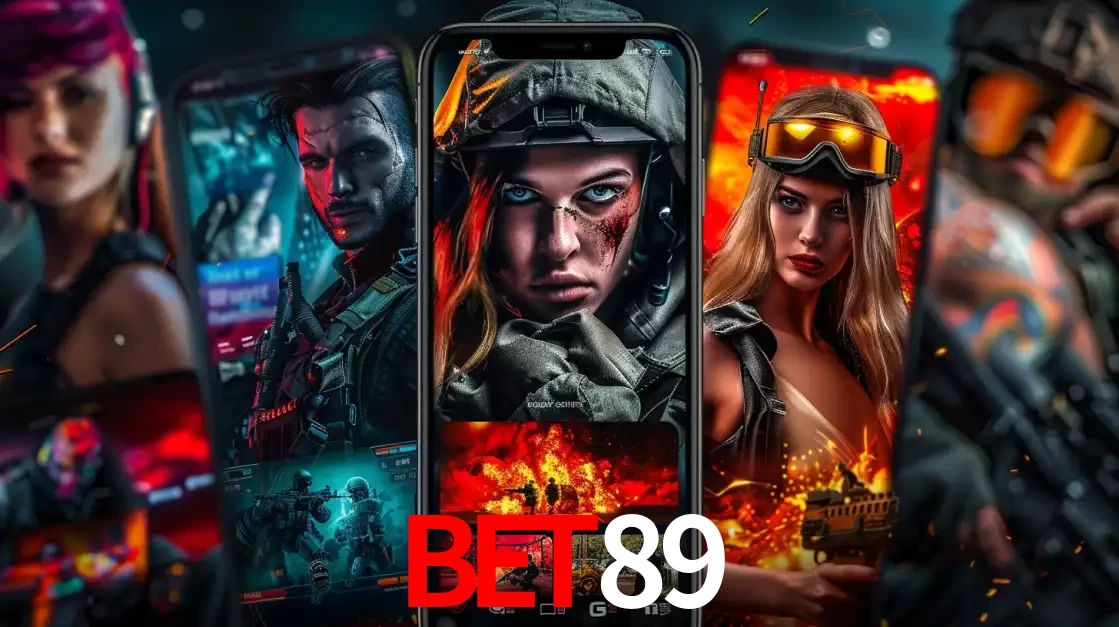 Montagem de telas de celular mostrando diversos personagens, masculinos e femininos, de um jogo de tiro, ilustrando a diversidade de equipes de e-sports para apostar no BET89.