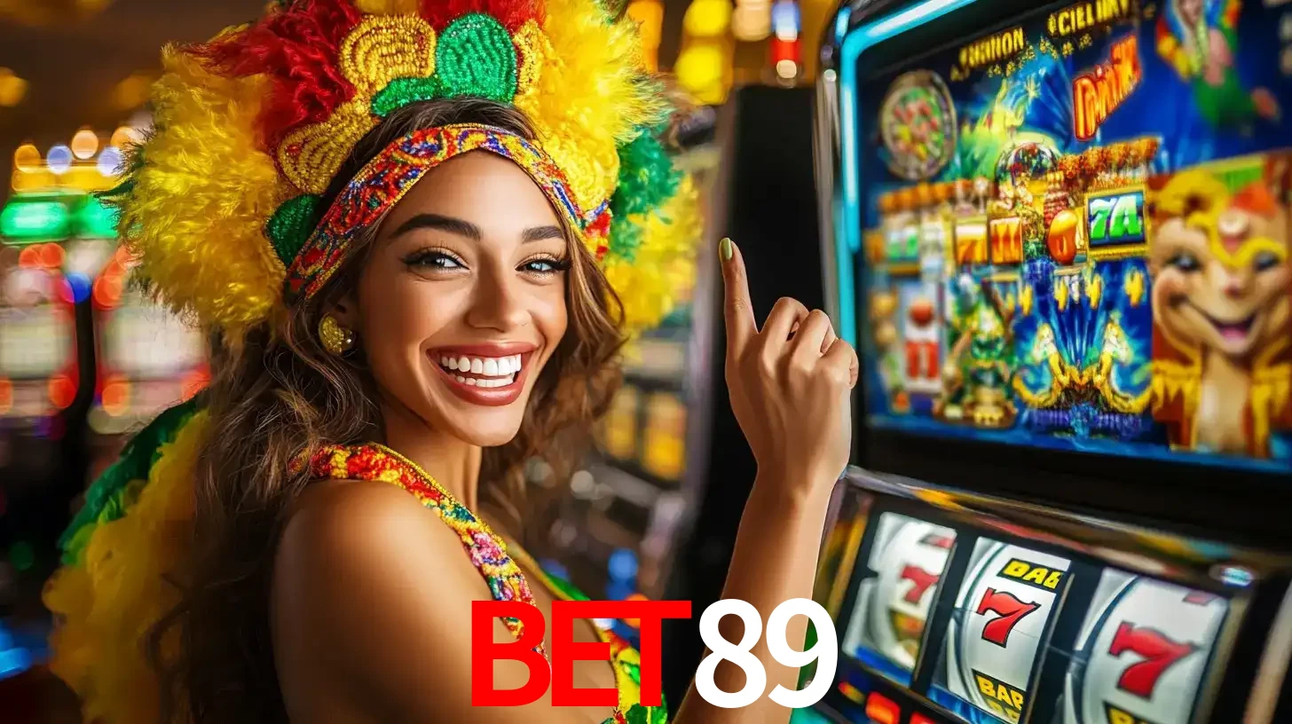 Mulher animada com um cocar de carnaval apontando para uma máquina de caça-níqueis, mostrando a emoção de ganhar um grande prêmio nos jogos do BET89.
