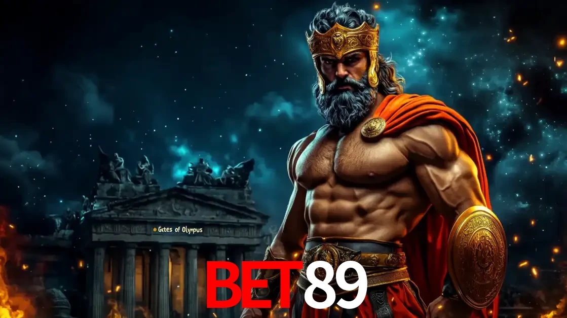 O poderoso Zeus do jogo de slot Gates of Olympus em frente ao seu templo, pronto para lançar multiplicadores divinos e prêmios épicos no cassino online BET89.