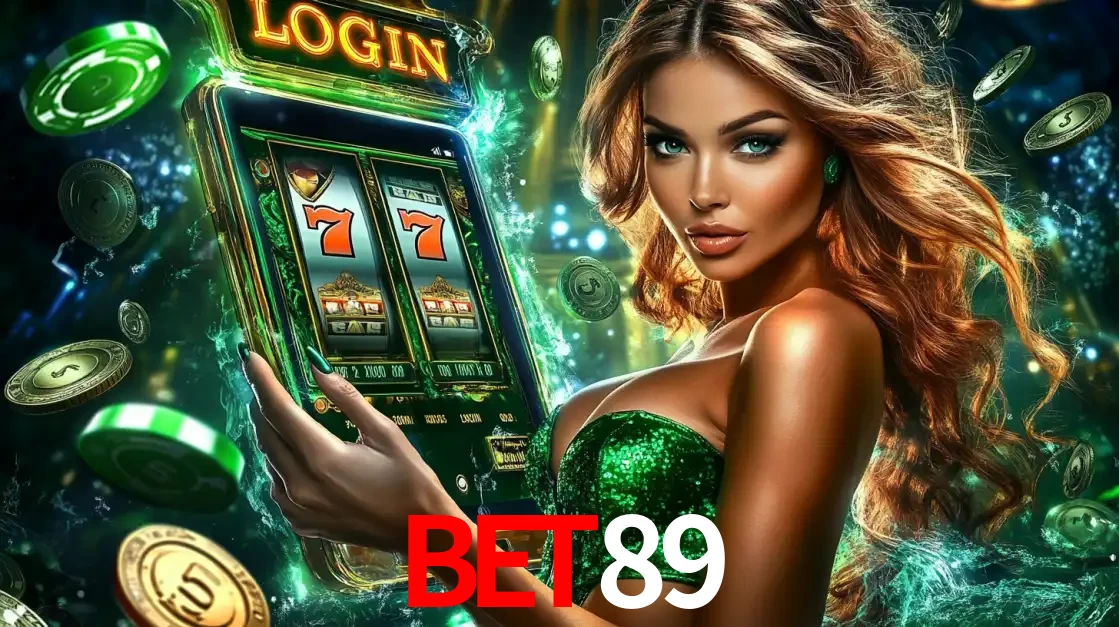 Mulher com tema verde apresentando o aplicativo do cassino BET89 com um jogo de slot de 777, cercada por fichas de cassino e uma aura de sorte.
