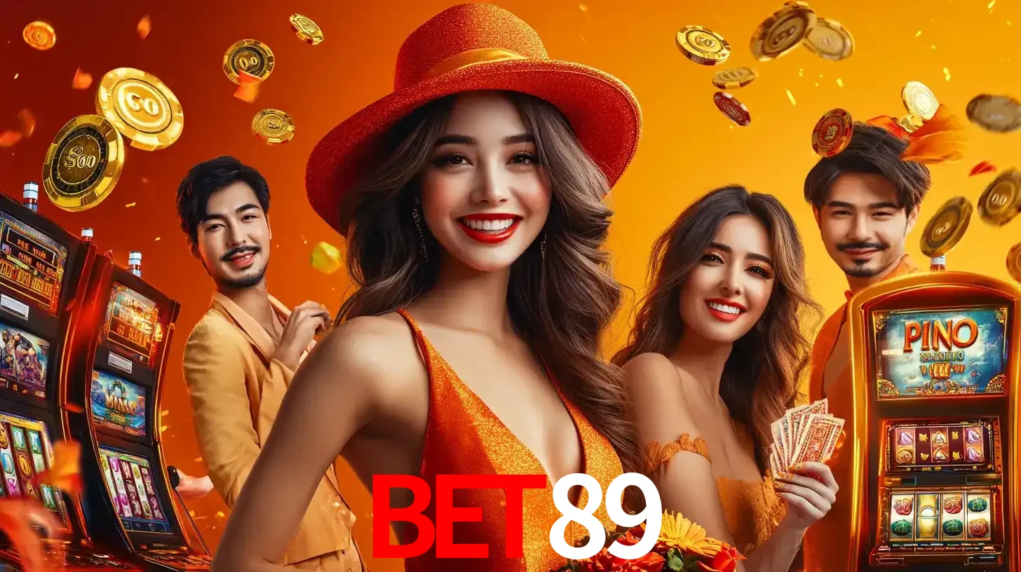 Grupo de amigos asiáticos sorrindo e se divertindo com máquinas de caça-níqueis em um ambiente festivo, celebrando suas vitórias nos jogos de cassino do BET89.