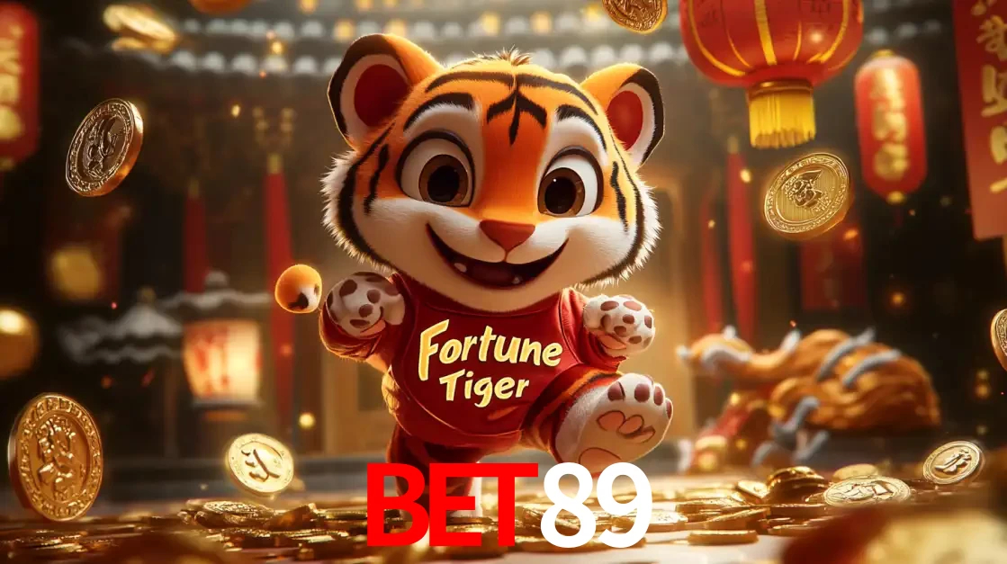 O alegre personagem do Fortune Tiger correndo sobre um caminho de moedas de ouro, simbolizando os grandes prêmios e a diversão do popular jogo de slot do BET89.