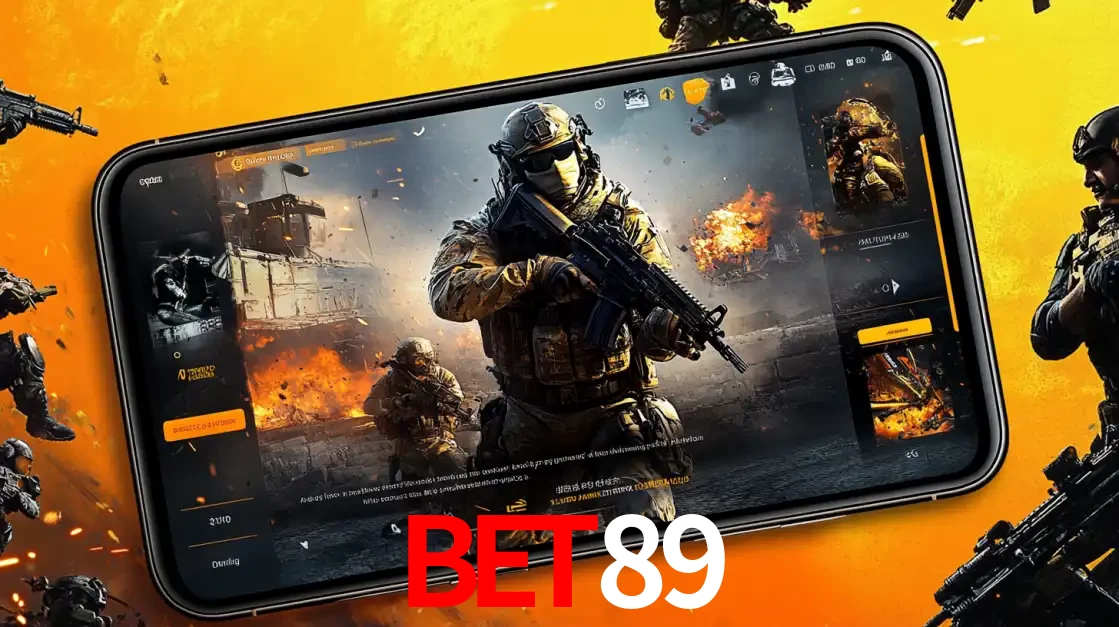 Um smartphone exibindo a interface de um jogo de tiro em primeira pessoa, com um soldado em um cenário de batalha, representando a ação dos e-sports para apostar no BET89.