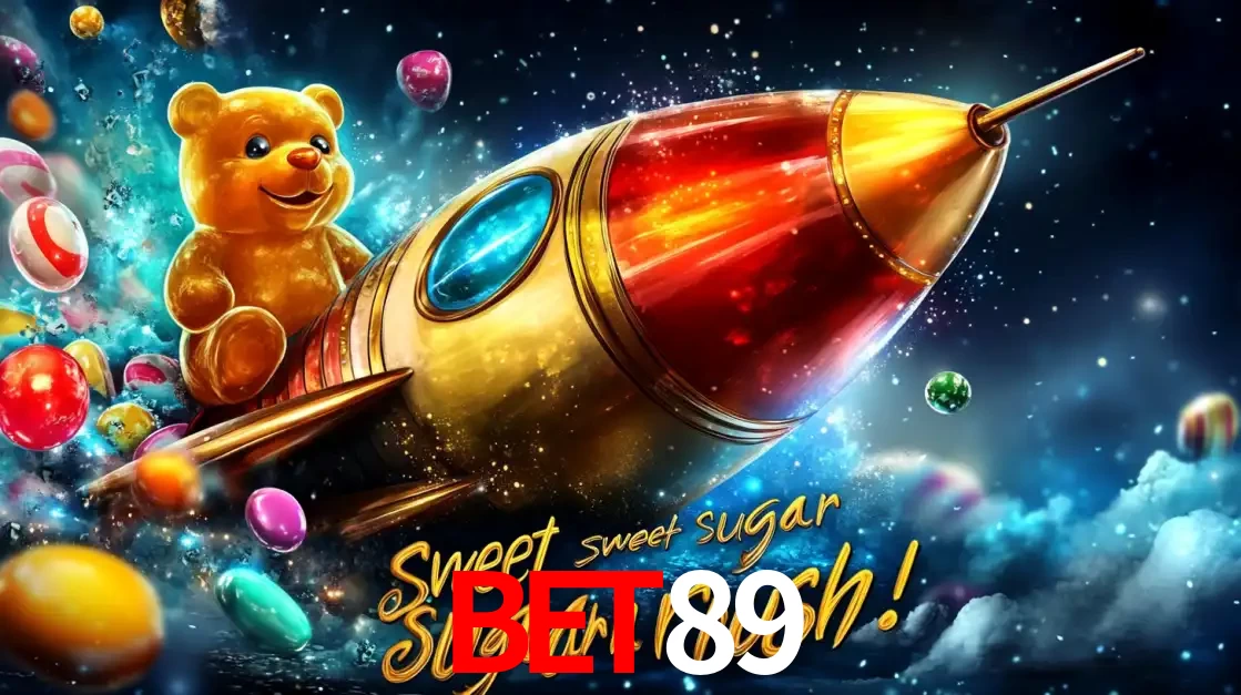 Arte promocional do jogo de slot Sugar Rush, com um urso de pelúcia em um foguete viajando pelo espaço de doces, um dos jogos divertidos disponíveis no cassino BET89.
