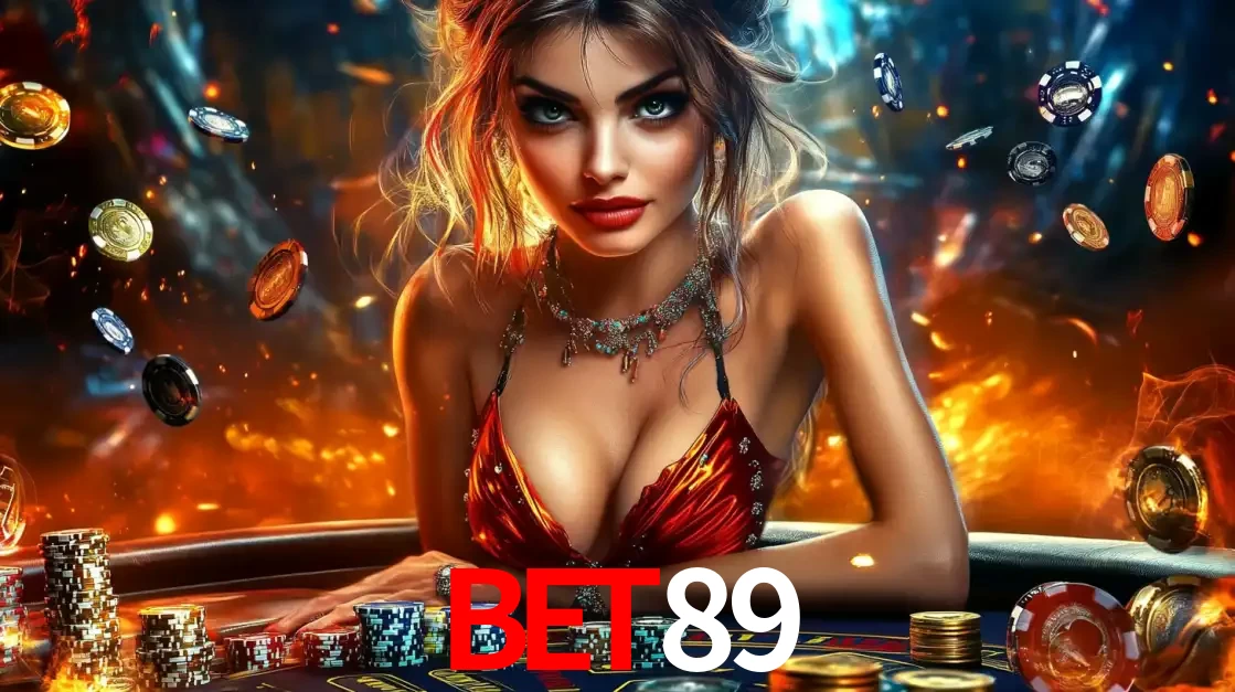 Mulher em uma mesa de cassino com pilhas de fichas e um fundo de fogo, pronta para uma rodada de altas apostas nos jogos de mesa emocionantes do cassino BET89.