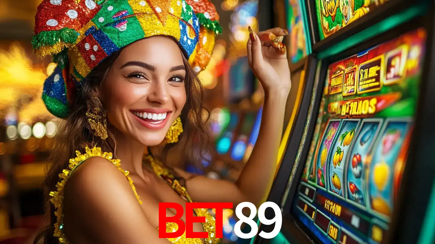 Mulher feliz com traje de carnaval amarelo e colorido ao lado de uma máquina de caça-níqueis, aproveitando a diversão e os jogos temáticos do cassino BET89.