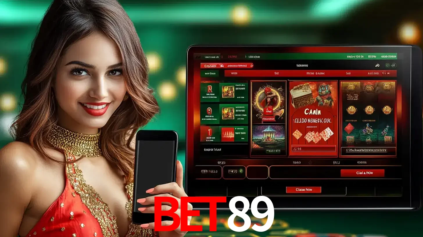 Mulher sorridente segurando um smartphone, ao lado de uma tela exibindo o lobby de jogos do cassino online BET89, com várias opções de jogos de cartas e slots.